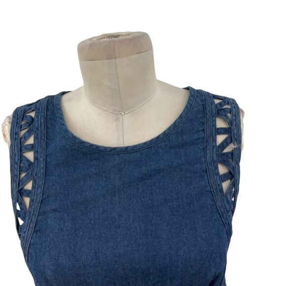 Free People New Romantics Highland Denim Mini Dress Sleeveless Cutout Size 8 - Picture 4 of 15